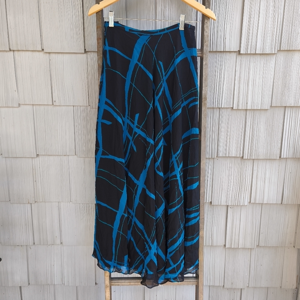 90s y2k Dana Buchman Geometric Plaid Maxi Fit Flare Skirt sz 2 Black Blue